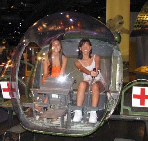 Kiersten and Mrs. Irwin inside a hospital helicopter 