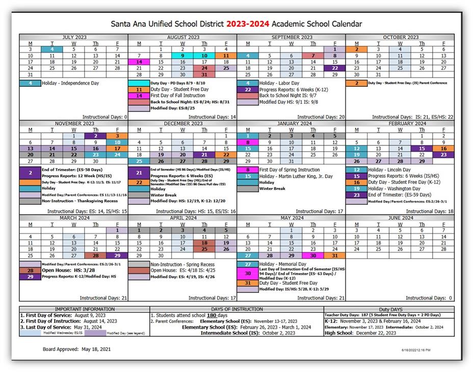 SAUSD Academic calendar 2023-2024