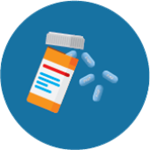 Sketch of an open prescription bottle that is spilling out some pills