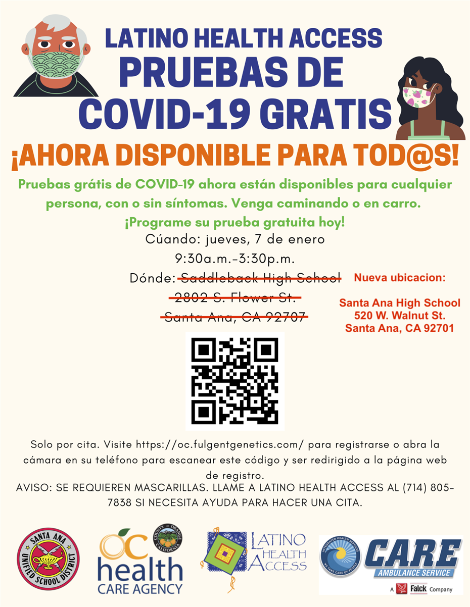 Jan. 7 Covid-19 testing at Santa Ana HS - Spanish flyer 